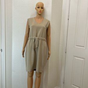 Taylor Dress Sz 2 VNeck Sleeveless Beige Tan Brown Adjustable Tie Waistband Midi